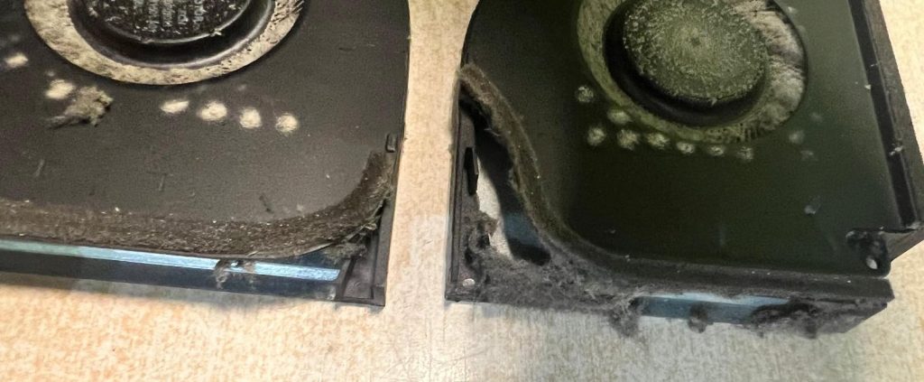 Acercamiento a la acumulación de pelusa en el sistema de refrigeración del Asus G713R.