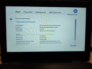 Pantalla de BIOS mostrando modelo exacto HP Pro x360 Fortis 11 G9 y número de serie.