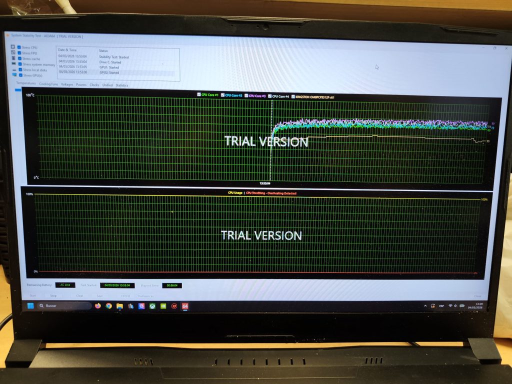 Resultados del test de estrés AIDA64 mostrando temperaturas estables tras el mantenimiento térmico.