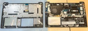 Comparación entre el palmrest original dañado y la pieza de repuesto nueva para Lenovo.