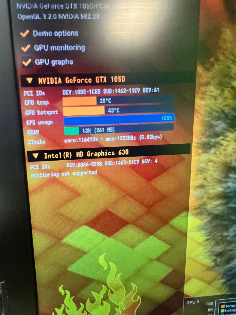 Software de monitoreo mostrando temperaturas óptimas de la GPU NVIDIA GTX 1050 tras mantenimiento.