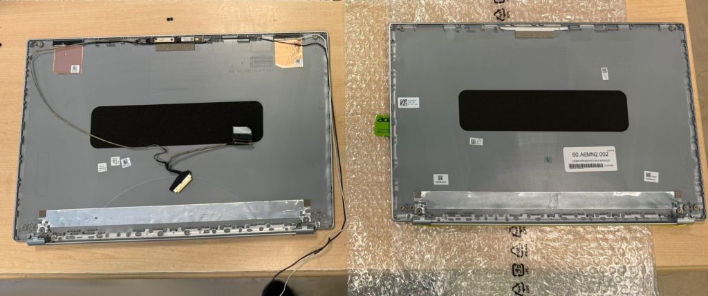 Comparativa entre la tapa trasera LCD original dañada y el repuesto nuevo para Acer Aspire 3.