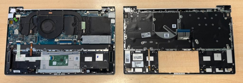 Comparativa lado a lado entre el chasis antiguo dañado y el repuesto nuevo de palmrest con teclado integrado L96802-071.
